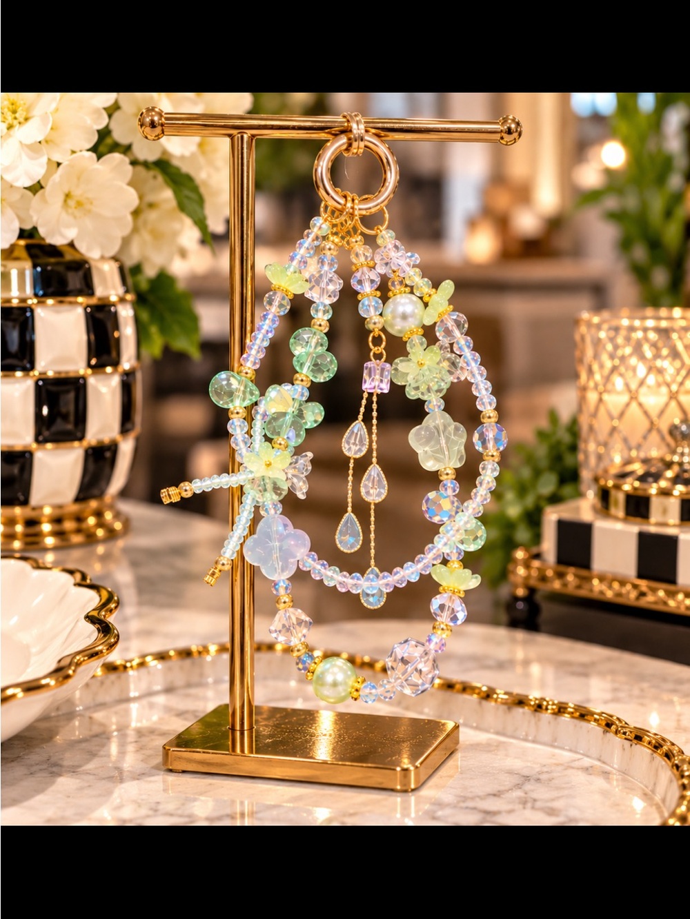 Iridescent Pastel Flower Beaded Phone Or Bag Charm
